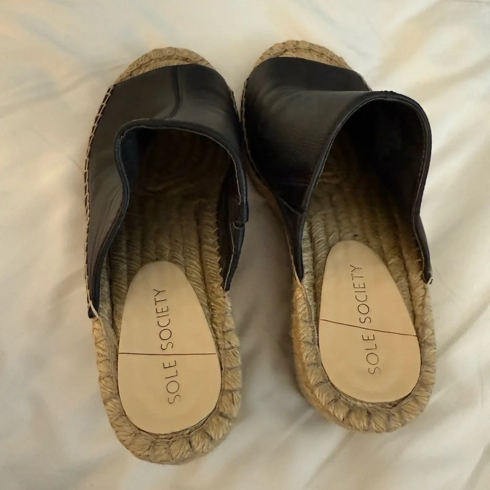 Sole Society Brand in Black 100% leather w/wedge cork Caleena‎ Espadrille Sz 8.5